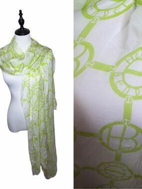 Henri Bendel Large 100% Silk Scarf Lime Green White Monogram Logo Designer Beach
